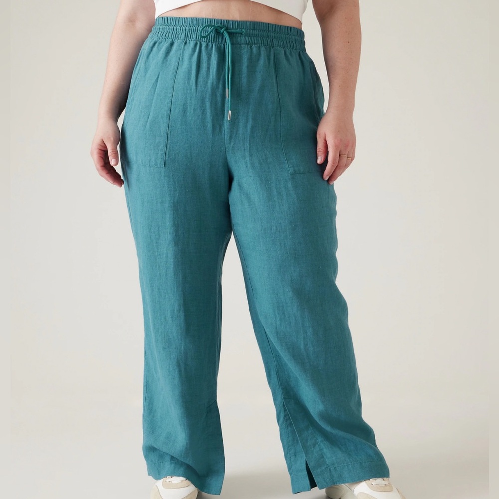 ATHLETA RETREAT LINEN WIDE LEG PANTS WOMENS SZ 20  Borealis Green Stretch‎ Waist